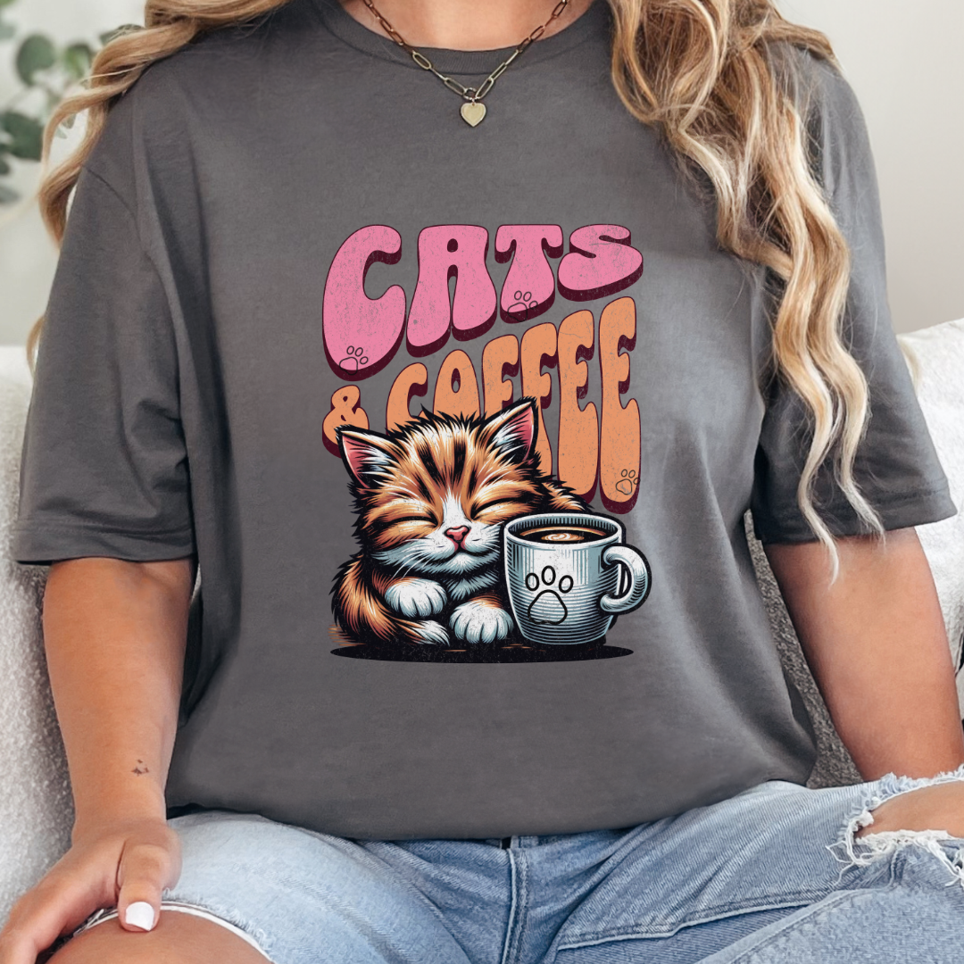 Cats & Coffee T-Shirt – Cozy Unisex Tee for Cat Lovers & Coffee Enthusiasts