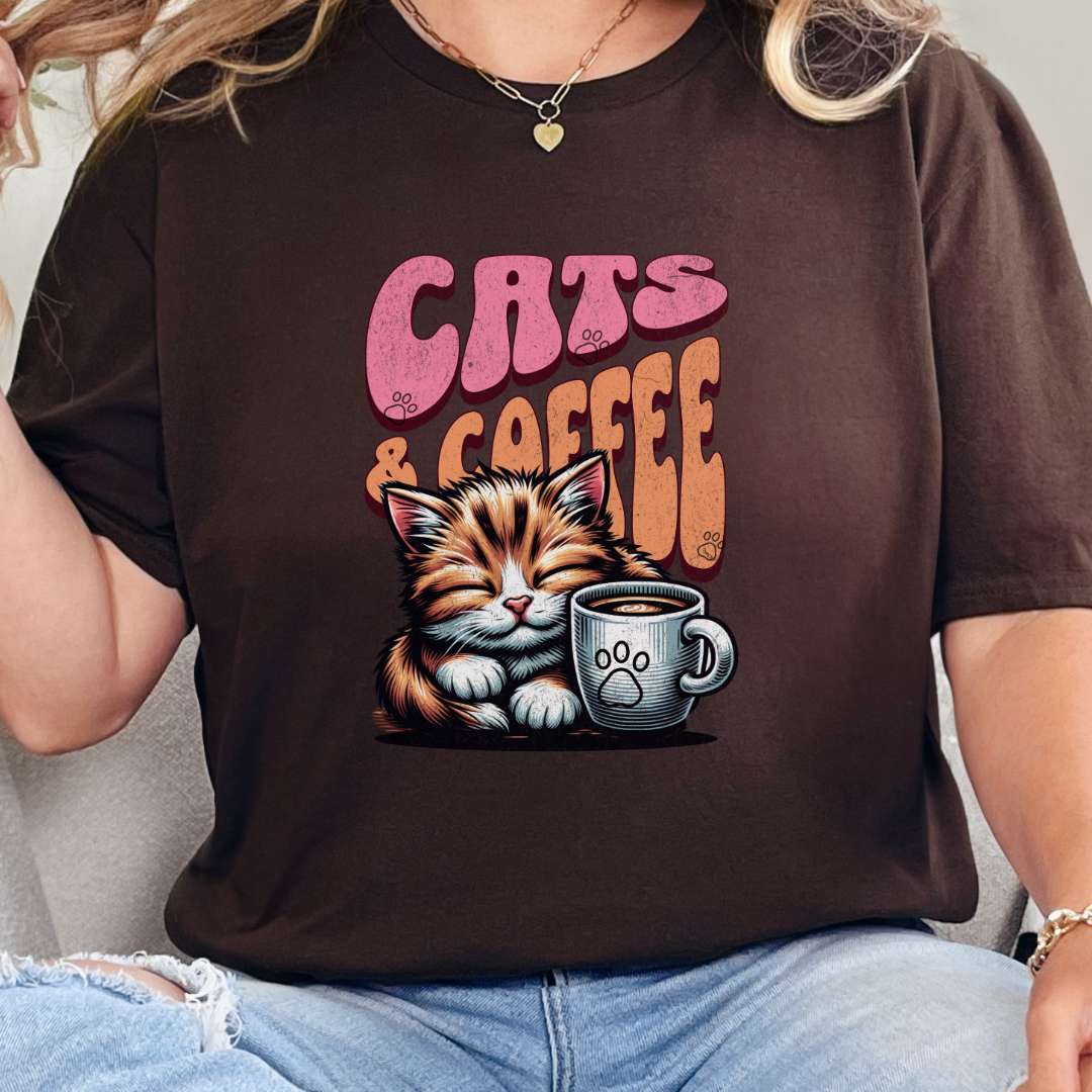 Cats & Coffee T-Shirt – Cozy Unisex Tee for Cat Lovers & Coffee Enthusiasts