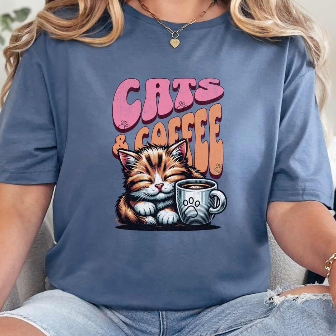 Cats & Coffee T-Shirt – Cozy Unisex Tee for Cat Lovers & Coffee Enthusiasts