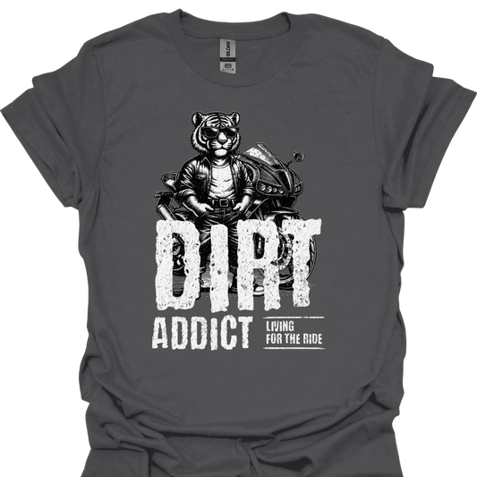 Dirt Addict Cat T-Shirt – Living for the Ride | Perfect for Cat Lovers & Motorcycle Enthusiasts