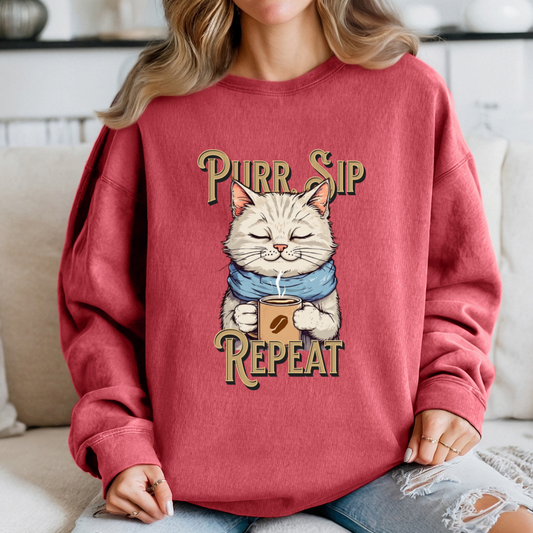 Cat Lover Sweatshirt – Purr, Sip, Repeat, Coffee & Cat Lover Design