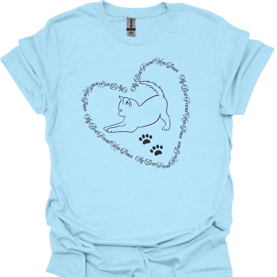 My Best Friend Has Paws T-Shirt – Heart-Shaped Text with Playful Cat Design