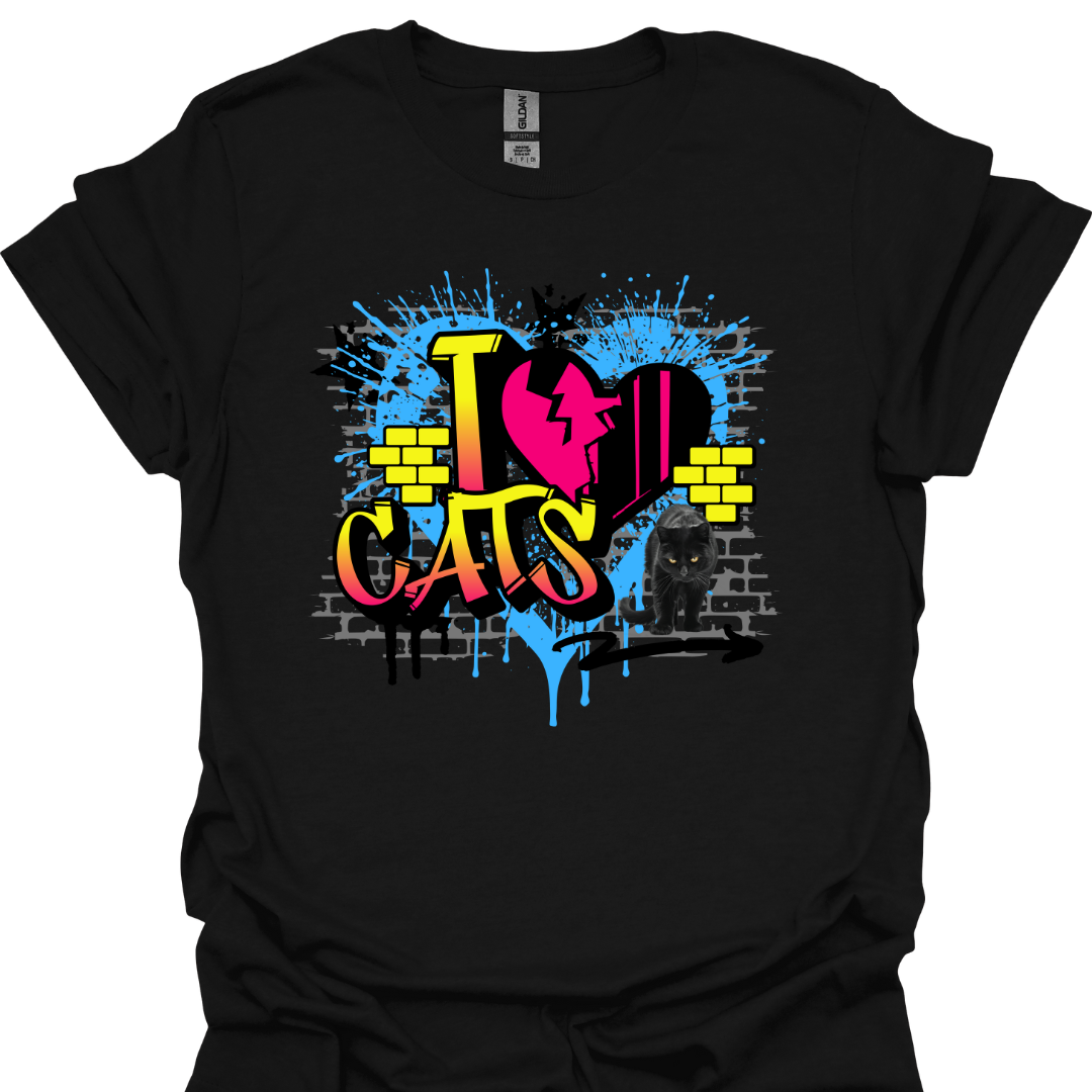 I Love Cats Graffiti T-Shirt – Vibrant Design for Cat Lovers