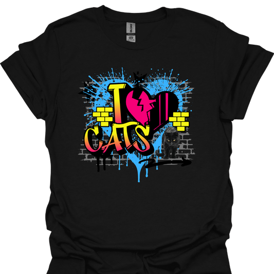 I Love Cats Graffiti T-Shirt – Vibrant Design for Cat Lovers